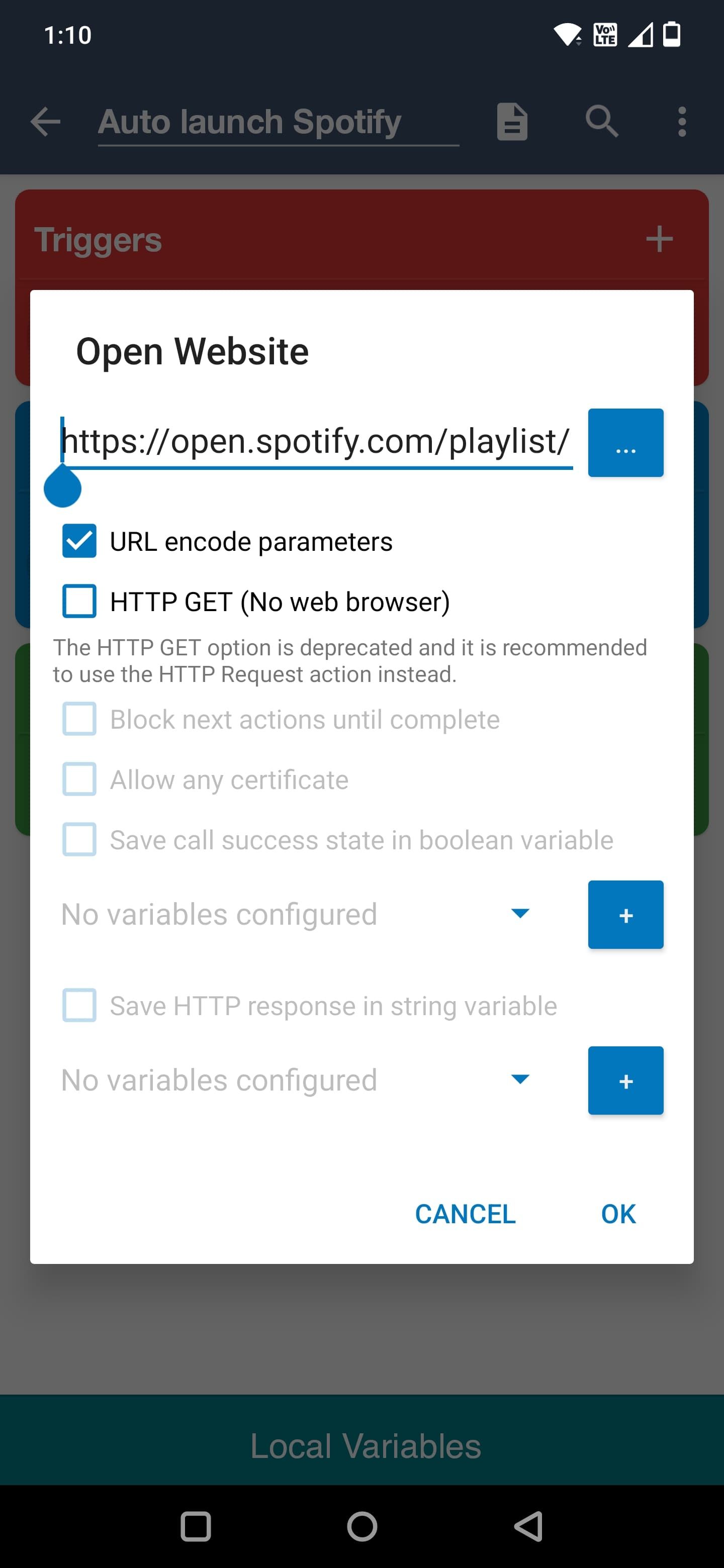 Screenshow of the MacroDroid app showing the Open Website menu 