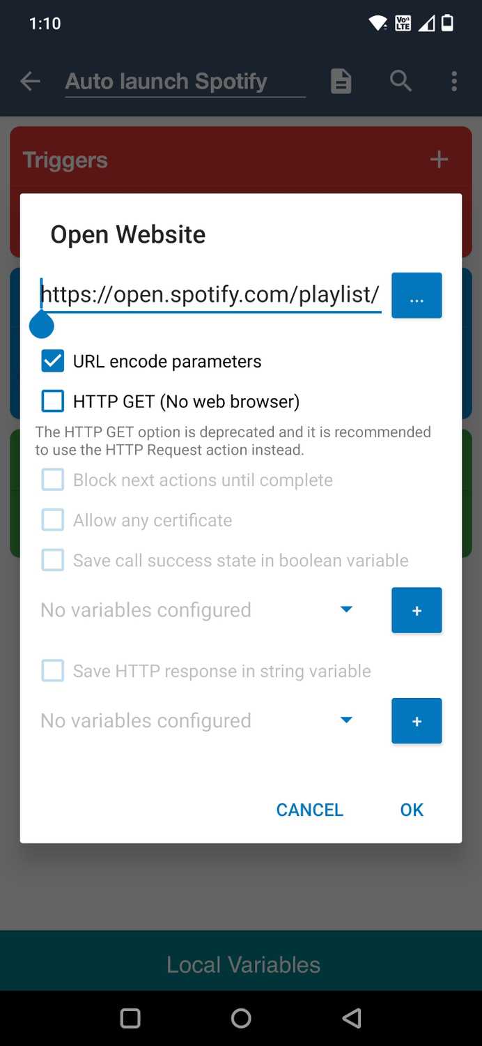 Screenshow of the MacroDroid app showing the Open Website menu