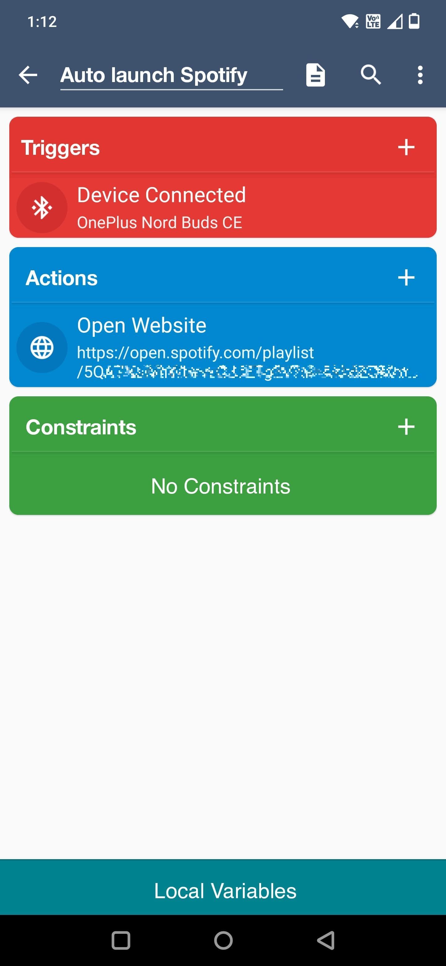 Screenshow of the MacroDroid app showing the macro to auto launch Spotify
