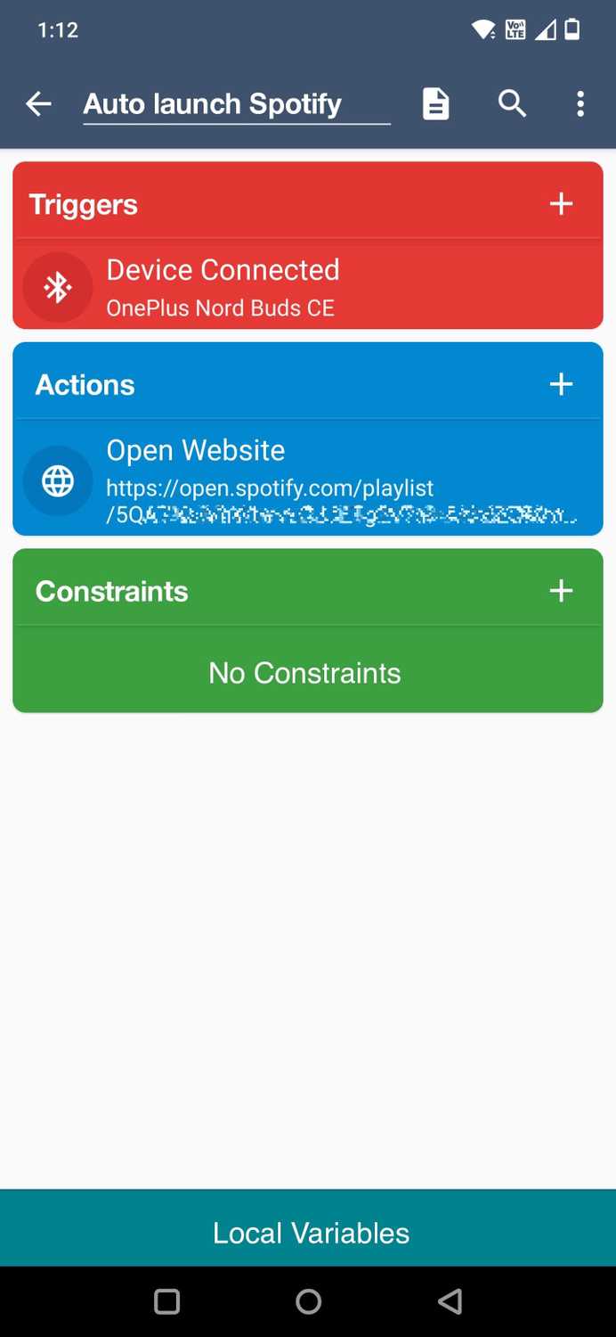 Screenshow of the MacroDroid app showing the macro to auto launch Spotify
