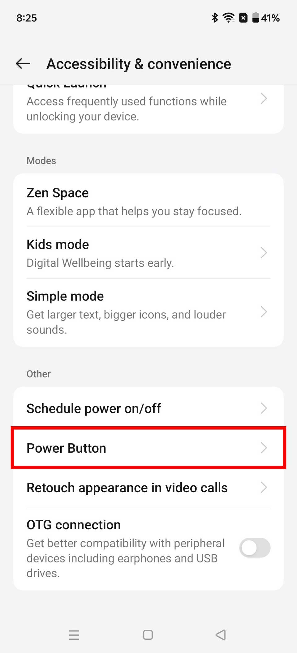 Red rectangle outline highlighting the Power Button in the Accessibility & convenience menu on a OnePlus 12R