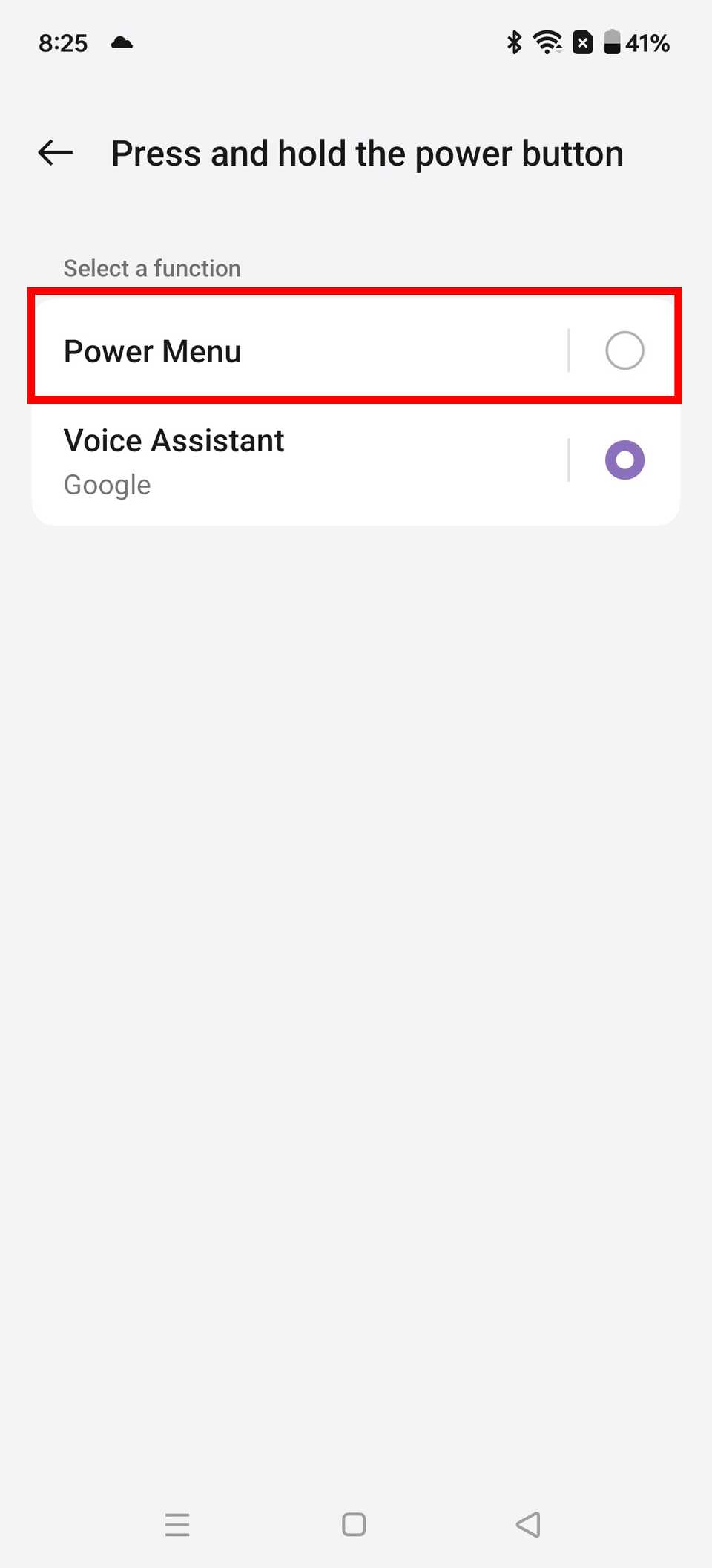 Selecting the Power menu option for the Press and hold the power button option on a OnePlus 12R