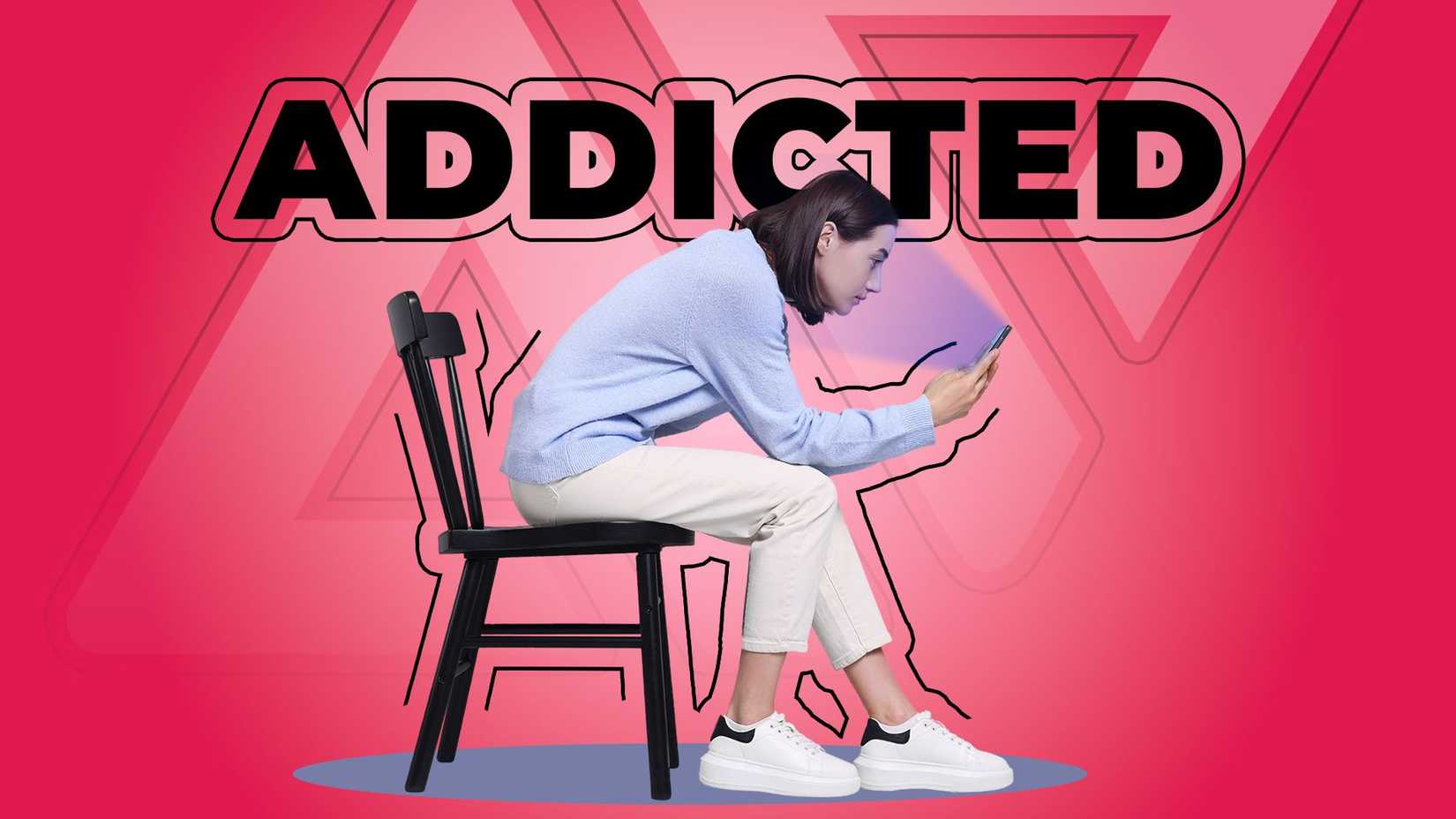 Uma jovem sentada em uma cadeira, olhando atentamente para seu smartphone, com a palavra “ADDICTED” em negrito letras pretas acima dela