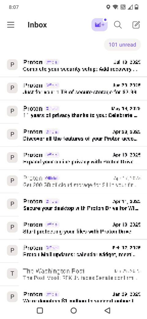Screenshot dell'app Proton Mail