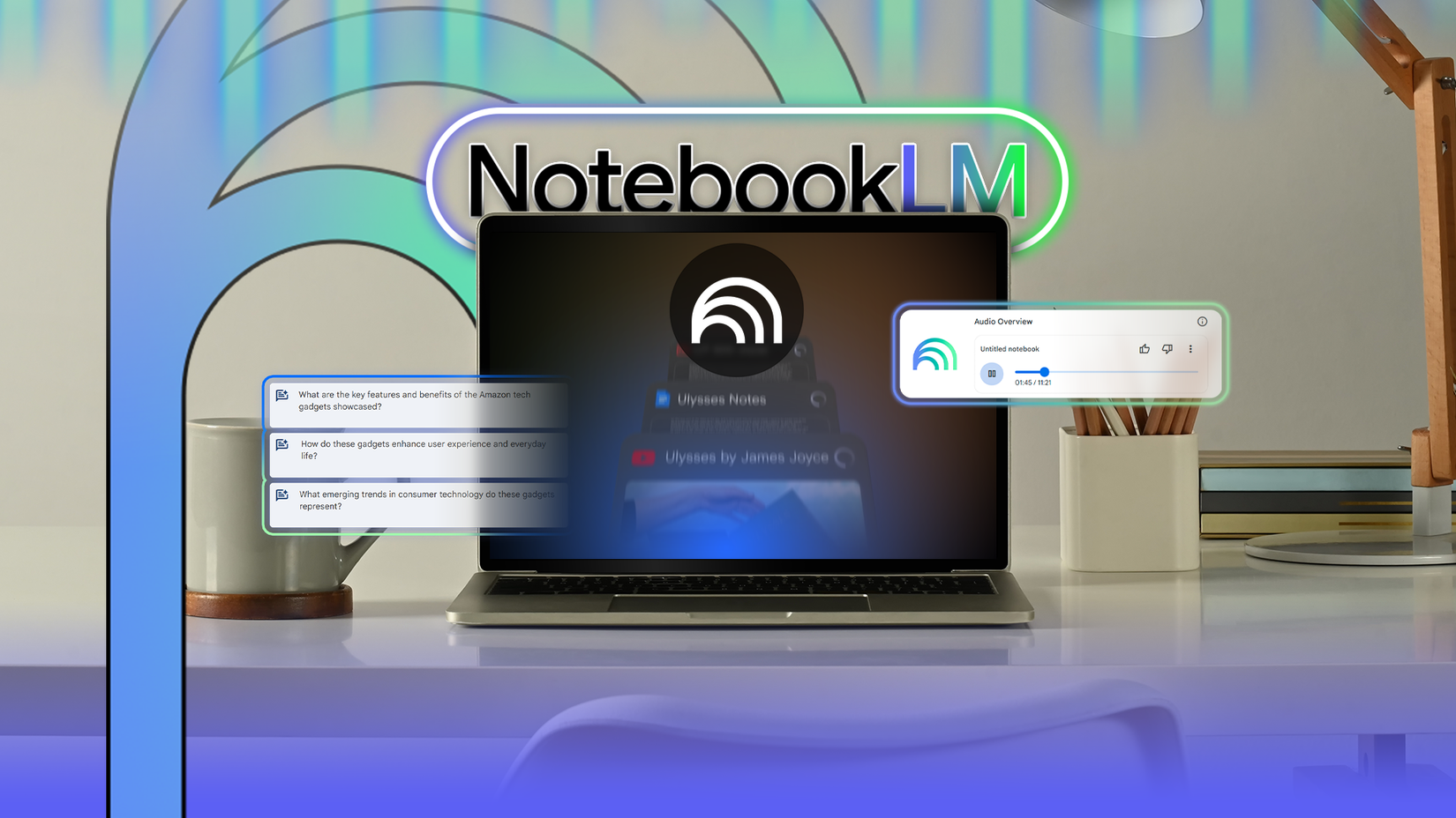 A interface NotebookLM em um MacBook, com elementos flutuantes que mostram notas, resumos e recursos de visão geral de áudio, em um espaço de trabalho moderno.