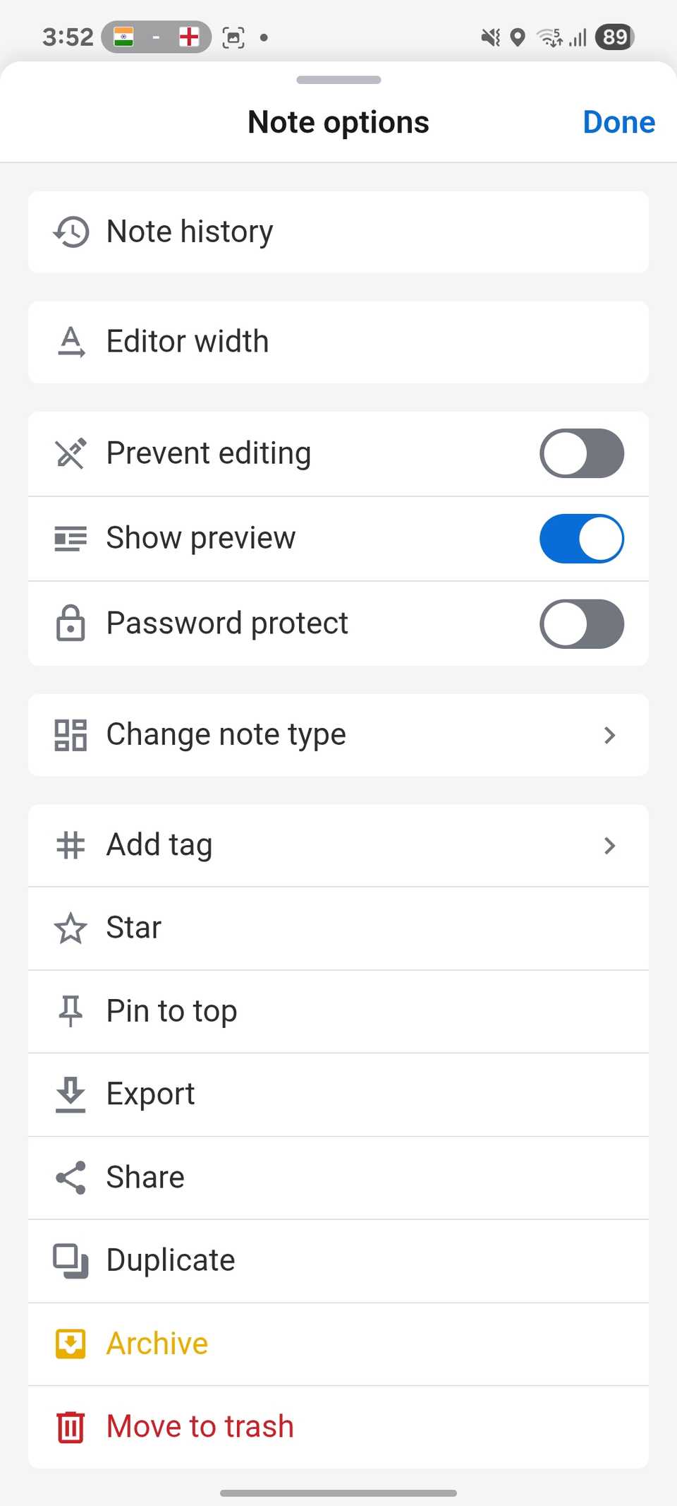 Opzioni delle note delle note standard