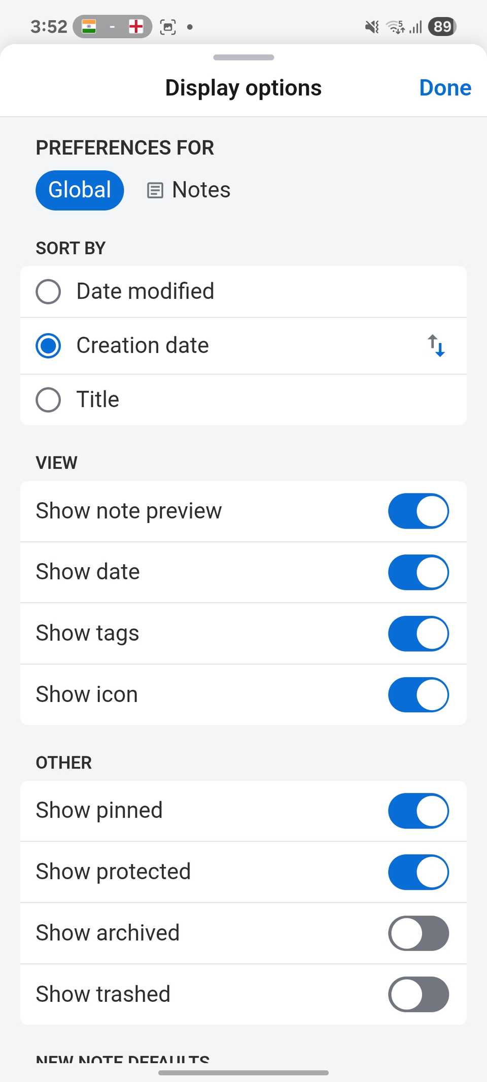 Opzioni di visualizzazione delle note standard