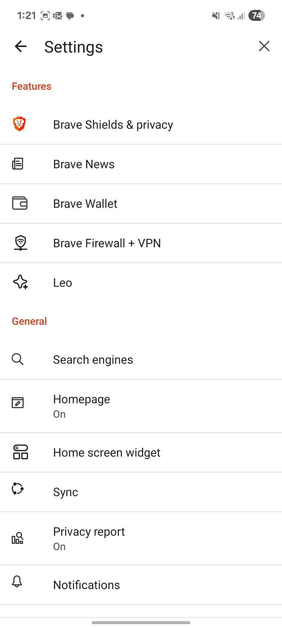 Brave settings menu