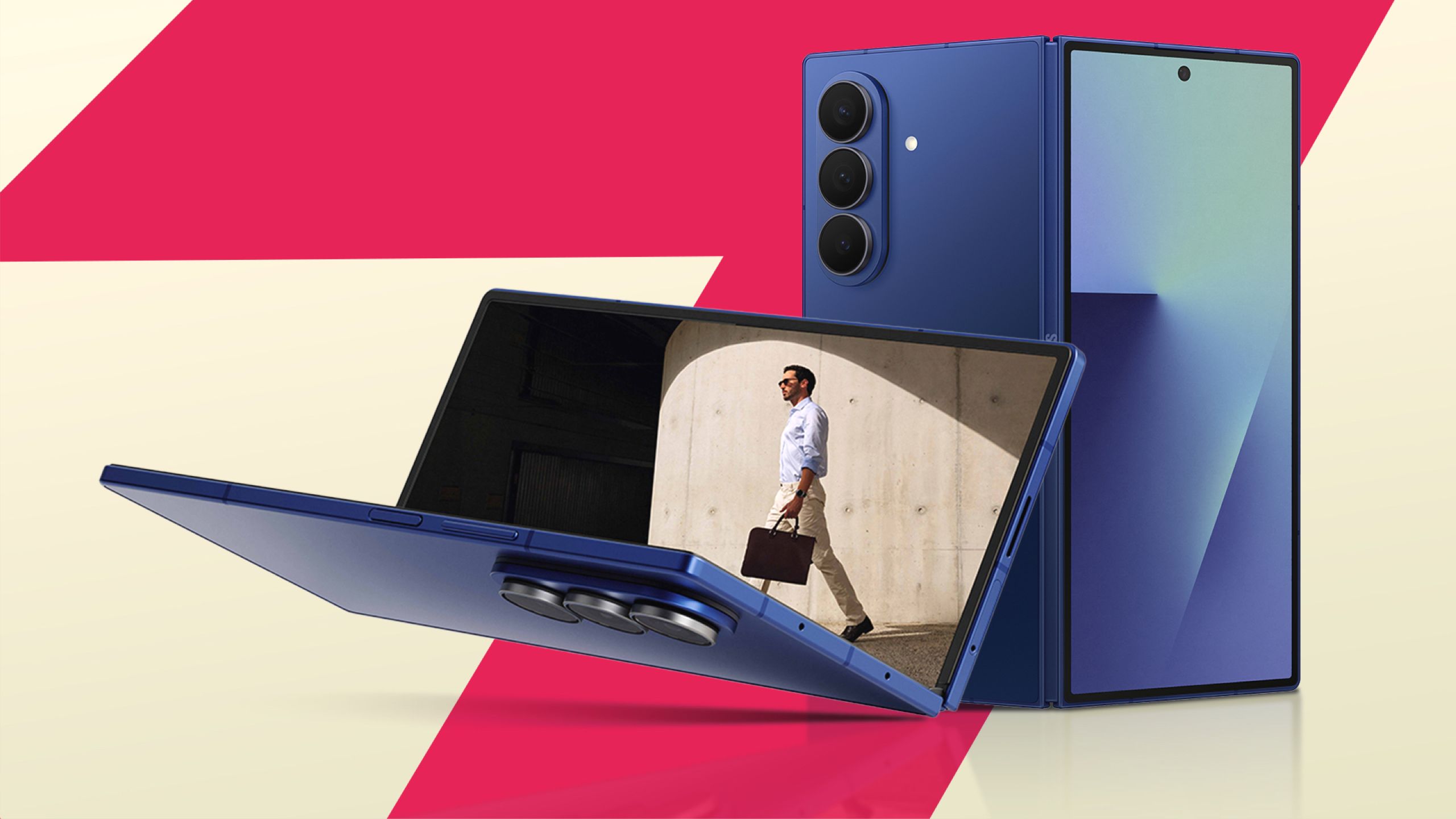 Samsung Galaxy Z Fold 7, with one device standing and another partially folded, set against a red and beige background