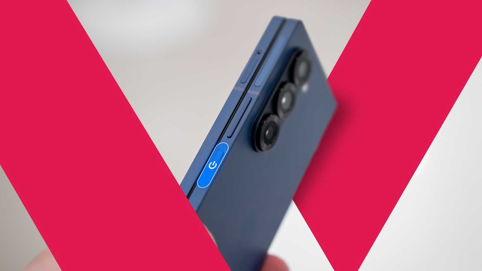 Samsung Z Fold 7 phone in-between AP logo with glowing and outlined blue power button