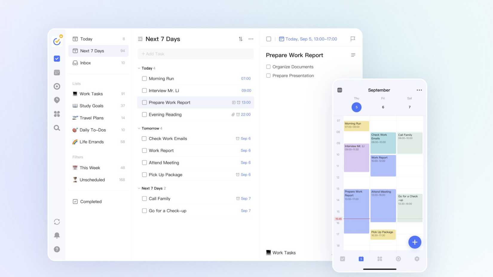 The TickTick app on mobile and tablet