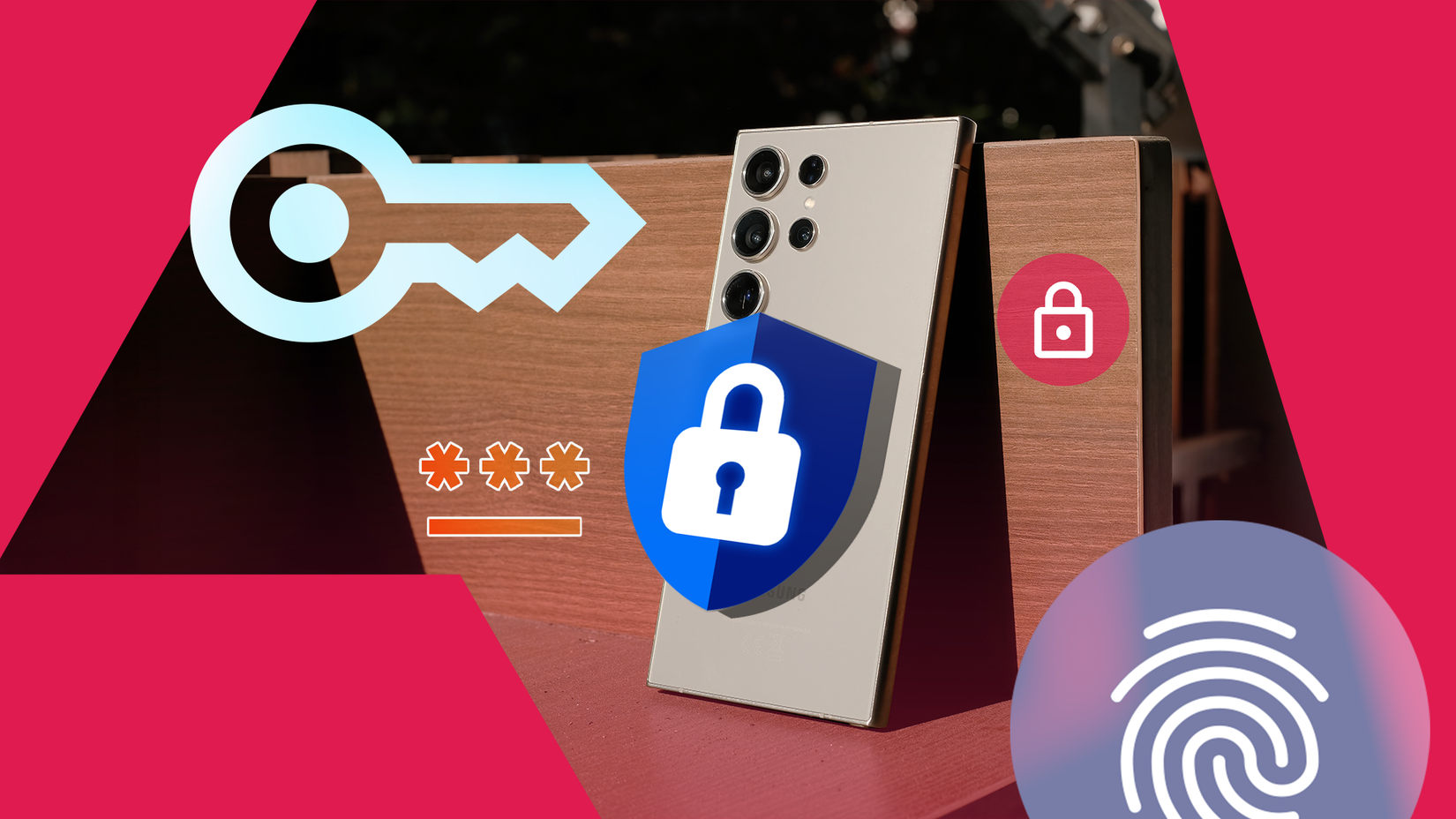 Samsung smartphone standing upright with security icons overlaid, including a key, padlock, fingerprint, password symbols, and a shield.