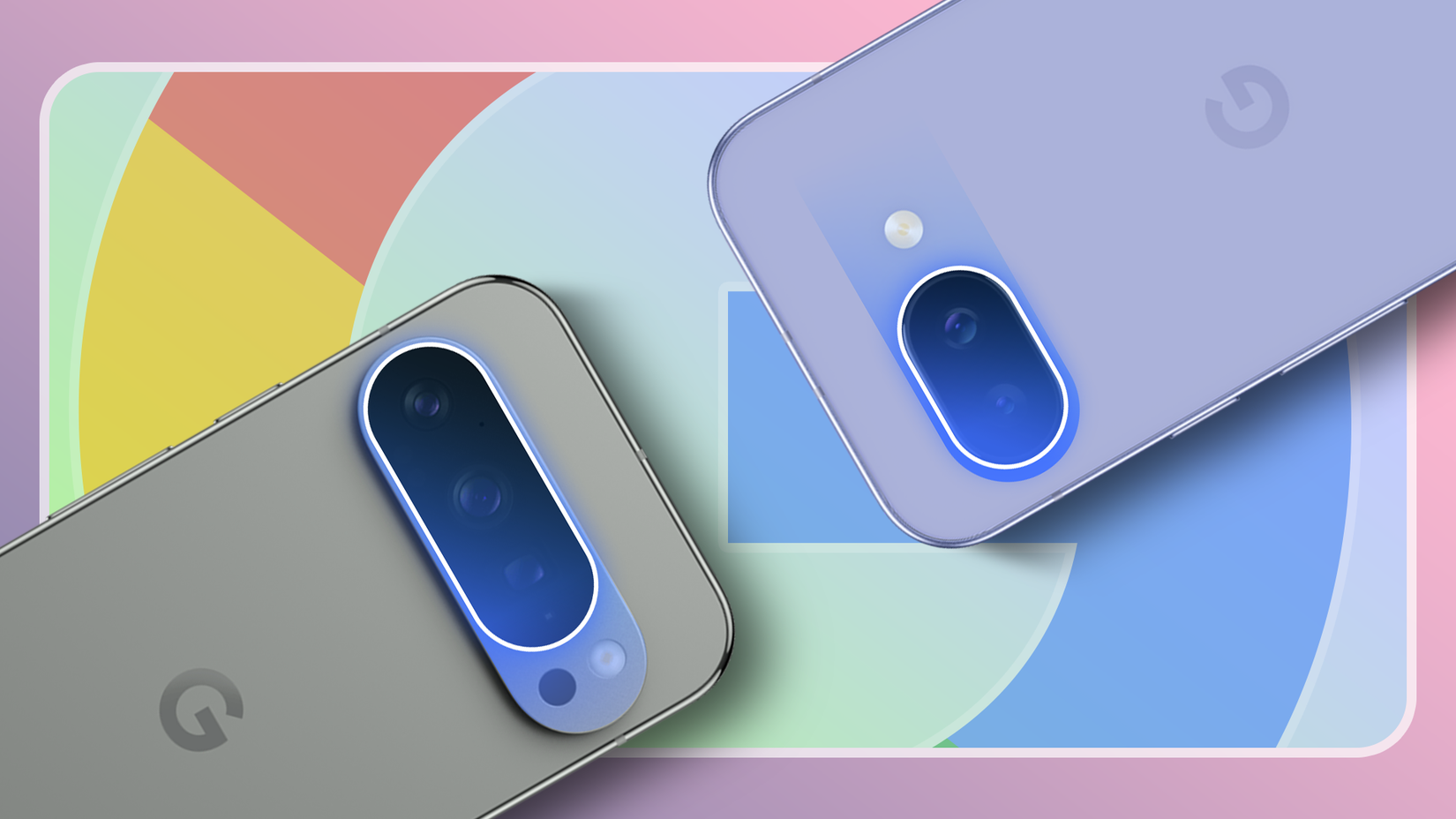 Dois telefones Google Pixel são mostrados na parte traseira, destacando seus módulos de câmera, com um fundo abstrato colorido inspirado no logotipo do Google.