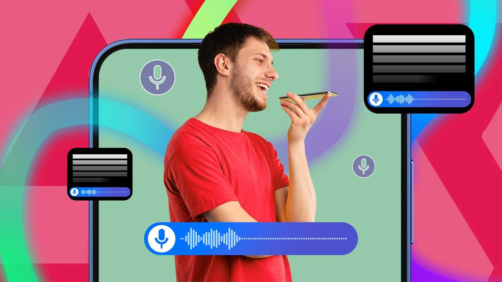 Homem gravando uma nota de voz em seu smartphone, cercado por ícones de microfone e formas de onda
