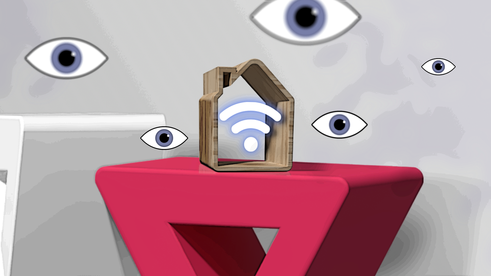 Ícone de casa inteligente de madeira com um símbolo de Wi-Fi, rodeado por vários olhos.