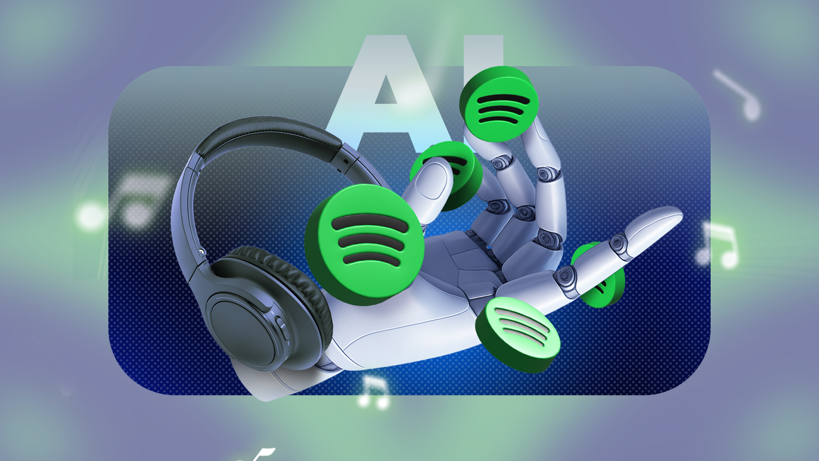 Una mano robotica che tiene in mano diverse icone del logo Spotify, con un paio di cuffie accanto e le lettere 