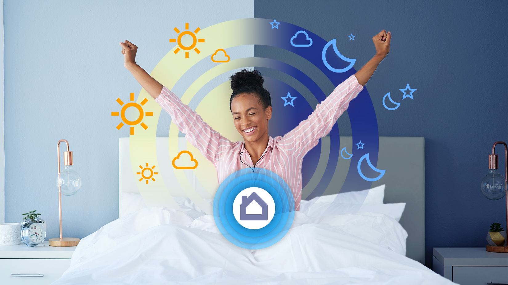 A woman stretches happily in bed surrounded by icons representing night and day with a smart home symbol overlayed