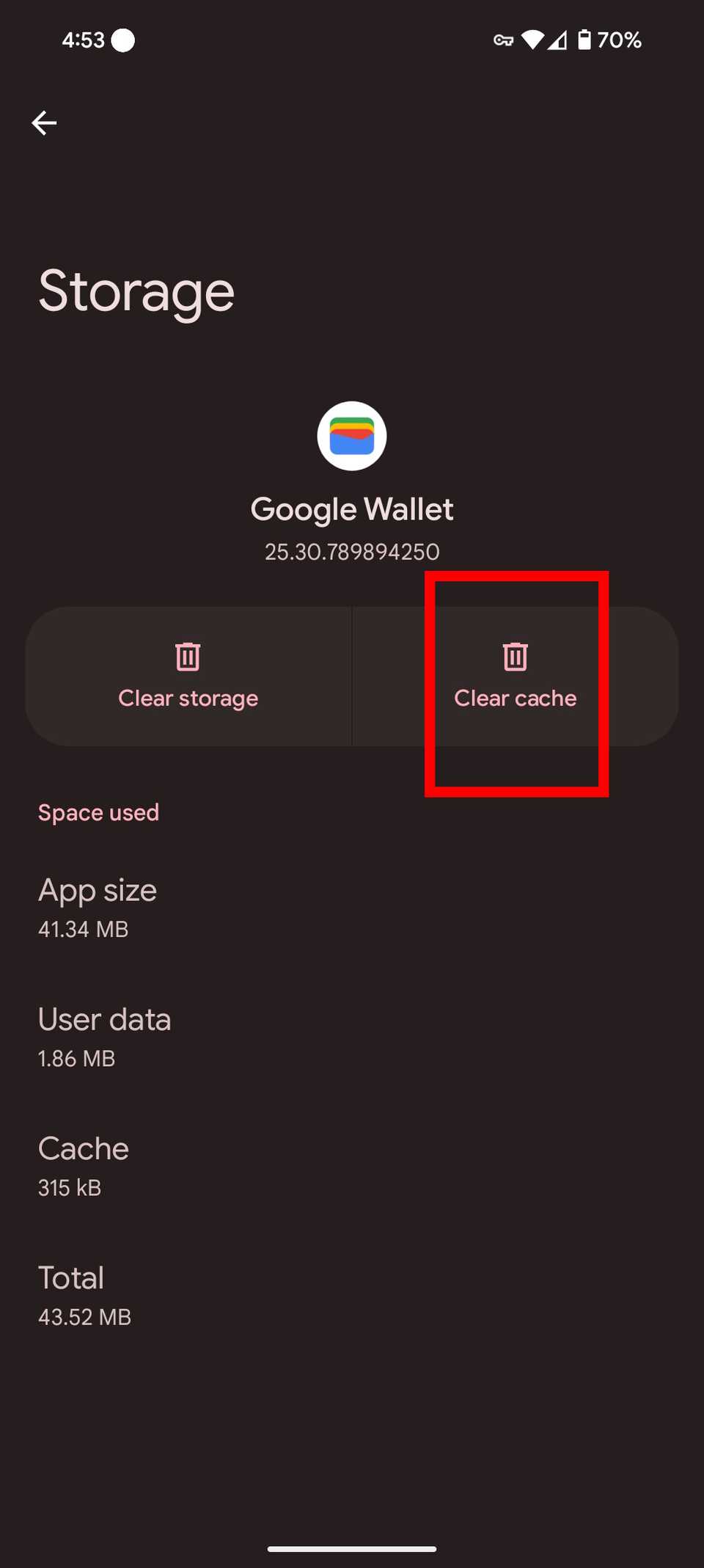 Il contorno del rettangolo rosso evidenzia l'opzione Cancella cache nelle impostazioni di archiviazione e cache di Google Waller su Android 15