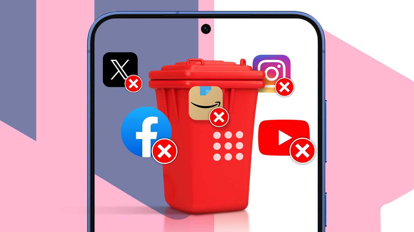 A red trash bin on a smartphone screen with deleted app icons around it, including YouTube, Instagram, Facebook, X, and Amazon