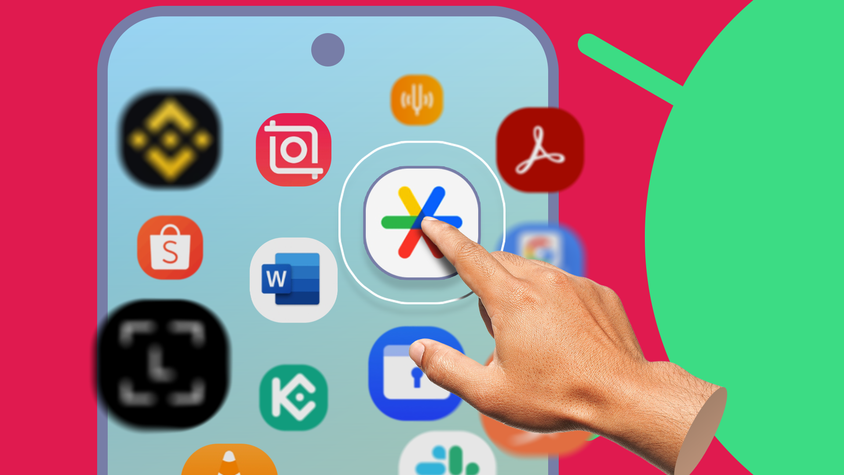 A hand organizing apps on a smartphone screen, surrounded by various colorful app icons