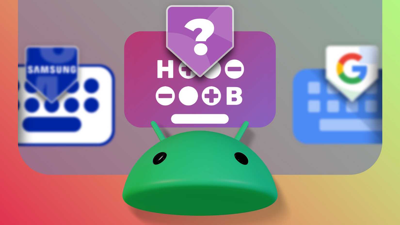 Ilustração do mascote do Android com três ícones de teclado ao fundo
