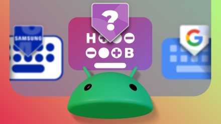 Ilustração do mascote do Android com três ícones de teclado ao fundo.
