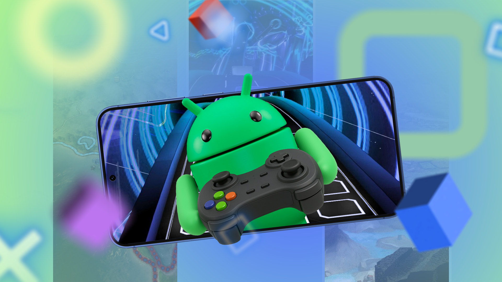 Android mascot holding a game controller emerging from a smartphone screen, and colorful gaming icons floating around.