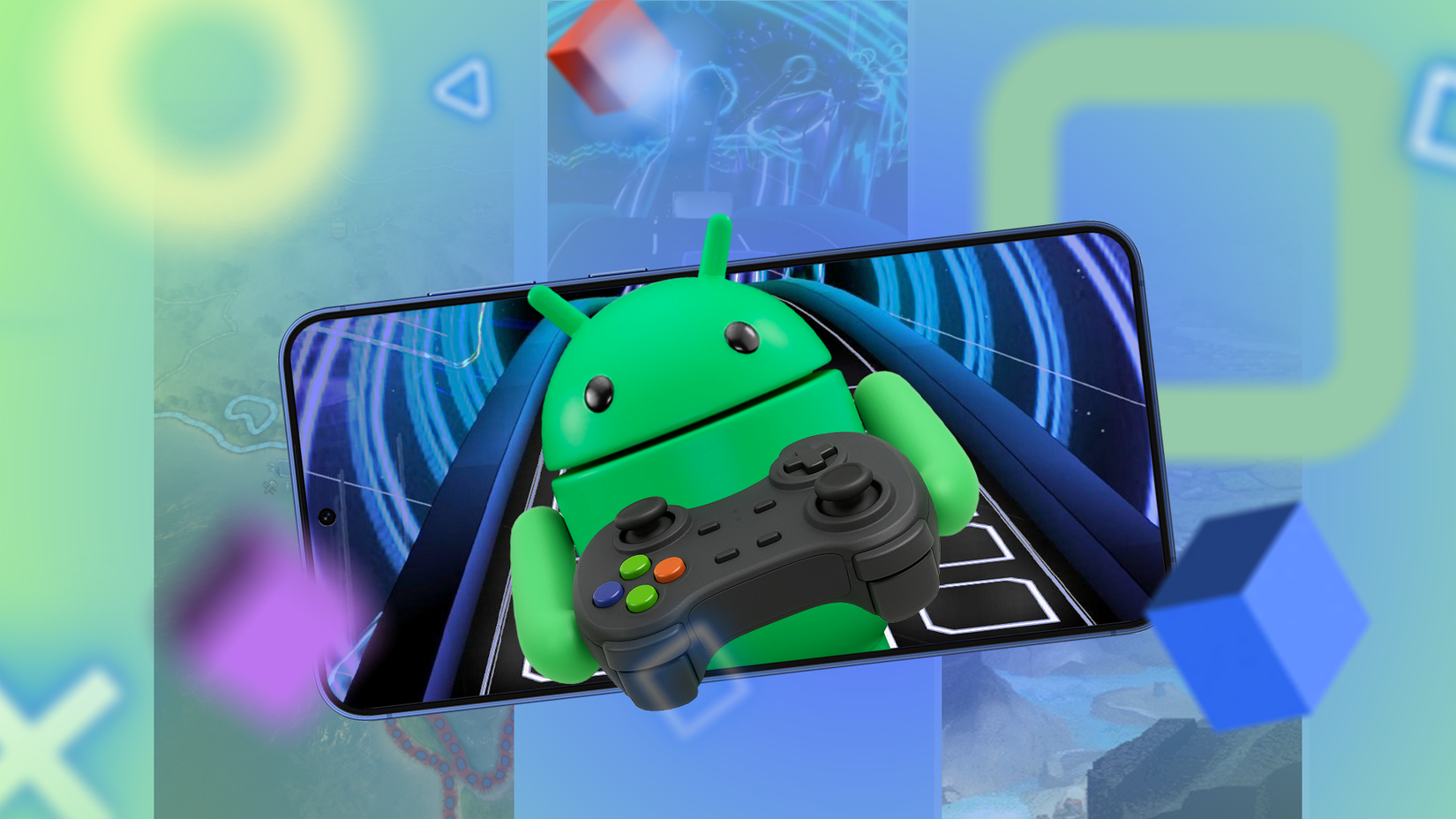 Android mascot holding a game controller emerging from a smartphone screen, and colorful gaming icons floating around.