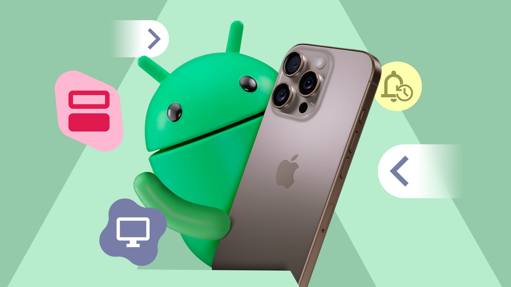 Android mascot holding an iPhone with icons representing features such as split screen, desktop mode, and notification history.