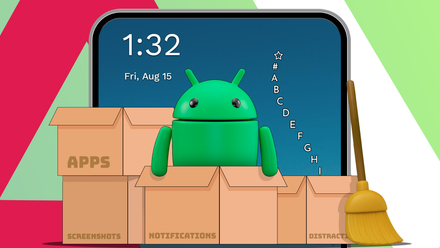 Mascote do Android entre caixas de papelão etiquetadas para aplicativos, capturas de tela, notificações e distrações, em frente à tela de um smartphone, com uma vassoura apoiada nas caixas.