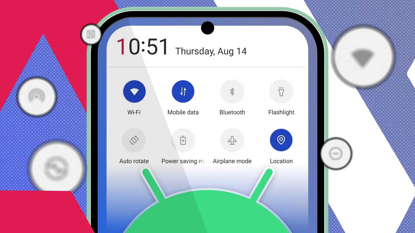 Close da tela de um smartphone exibindo o painel Configurações rápidas do Android, com o logotipo do Android visível na parte inferior