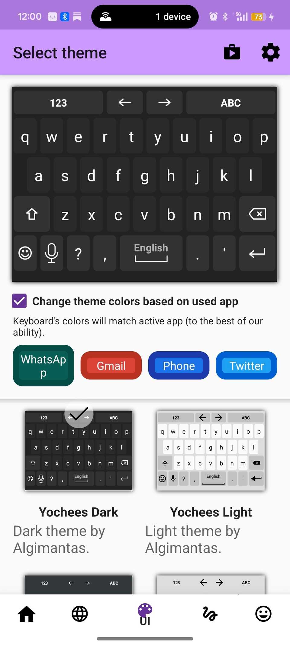 Dark theme keyboard theme selected out of different options on AnySoftKeyboard app
