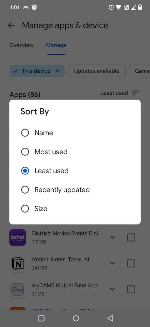 Screenshot che mostra la funzione di ordinamento nella pagina Gestisci app e dispositivo sul Google Play Store
