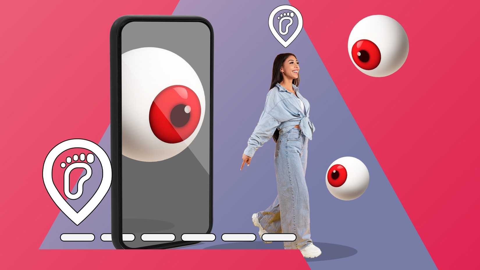 Donna che cammina mentre giganteschi occhi rossi e icone dell'impronta della posizione la circondano ed emergono da uno smartphone.