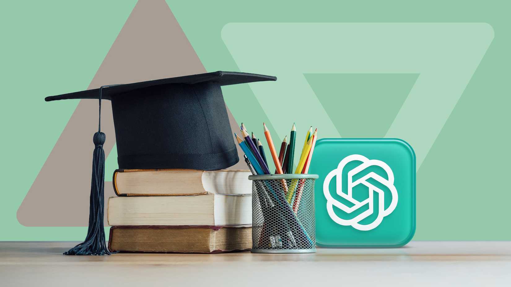 Boné de formatura apoiado em uma pilha de livros, ao lado de um porta-lápis e um bloco de ícones ChatGPT em estilo de vidro.