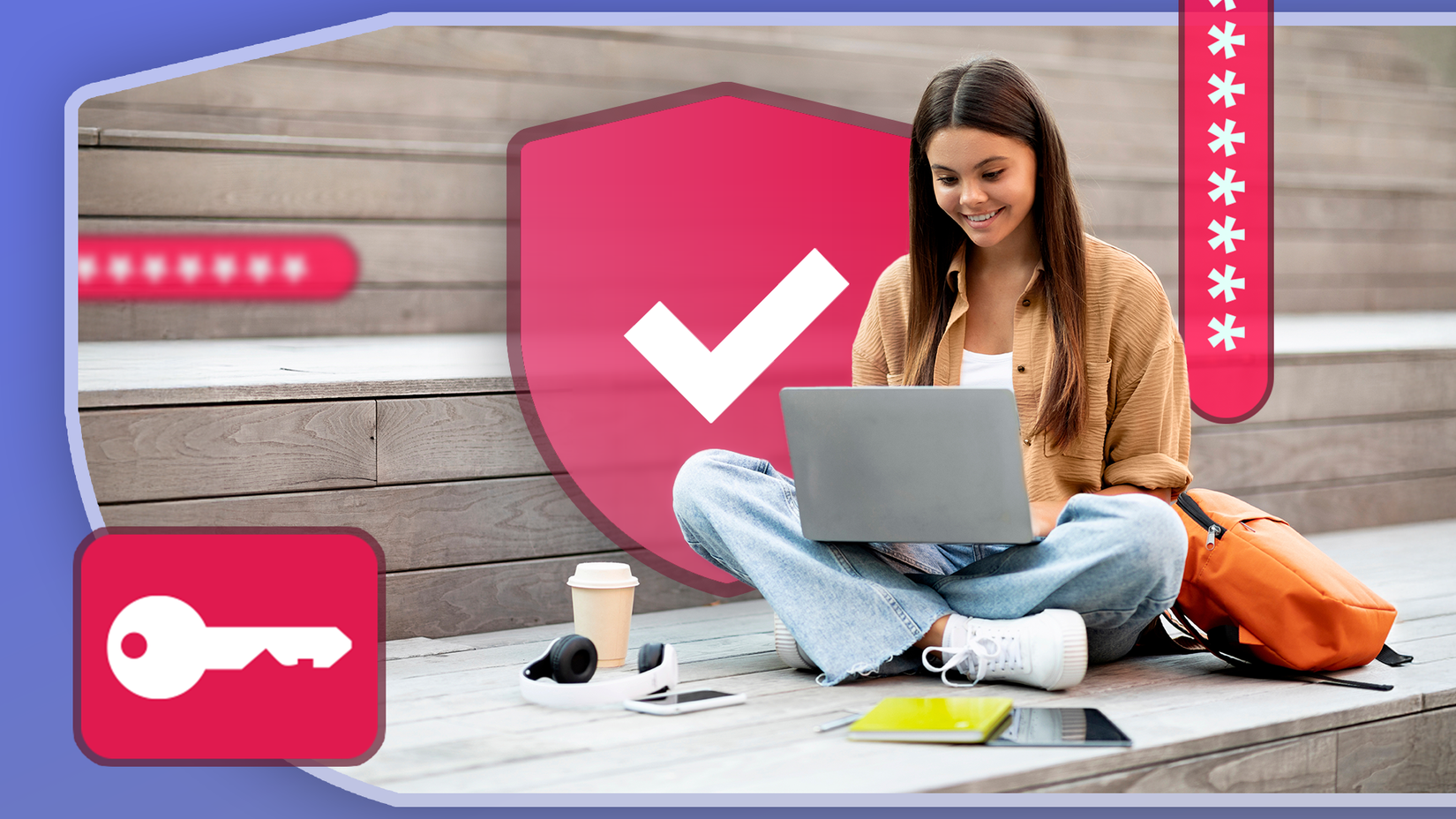 College student sitting on outdoor steps with a laptop, surrounded by privacy icons including a shield, a key symbol, and password.