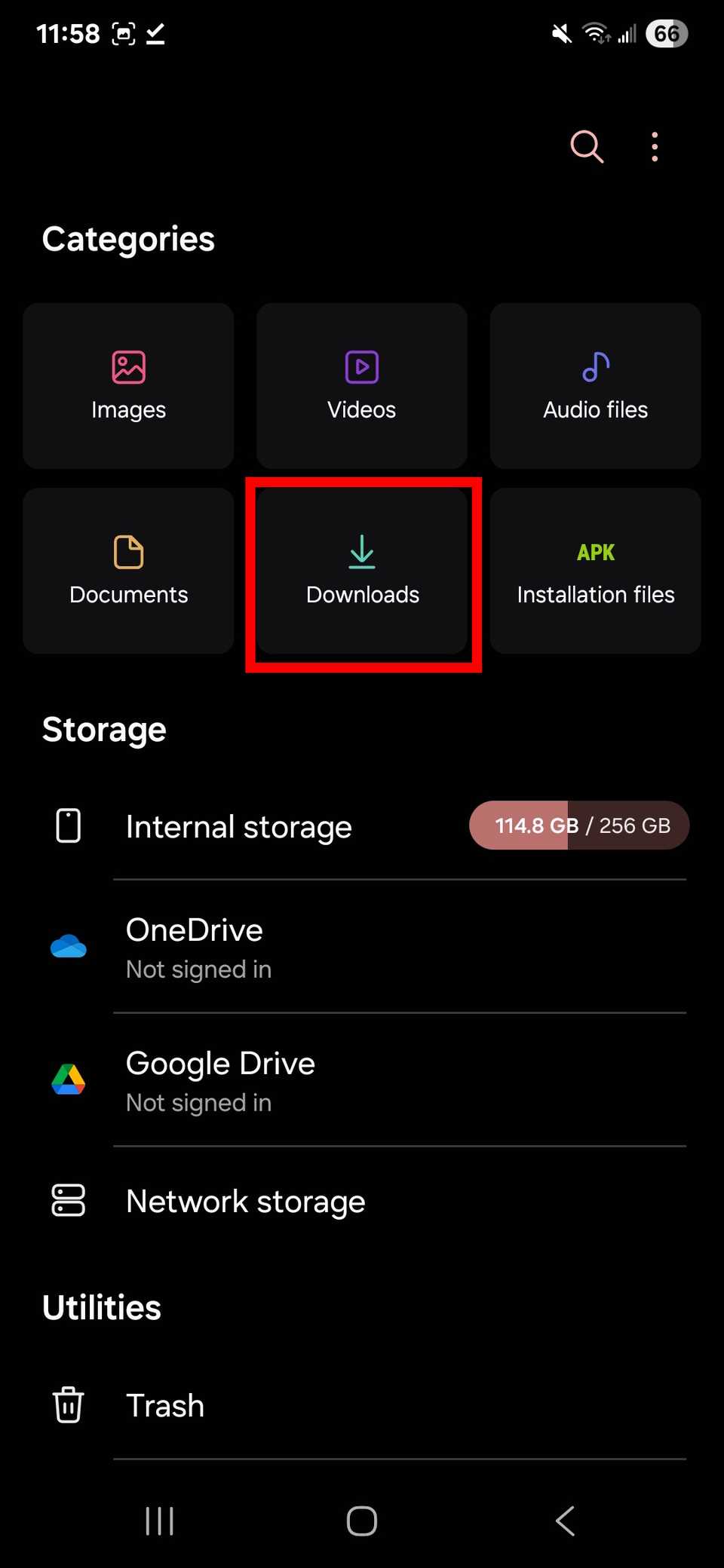 contorno del rettangolo rosso sopra Download nell'app file Android predefinita su un Samsung Galaxy