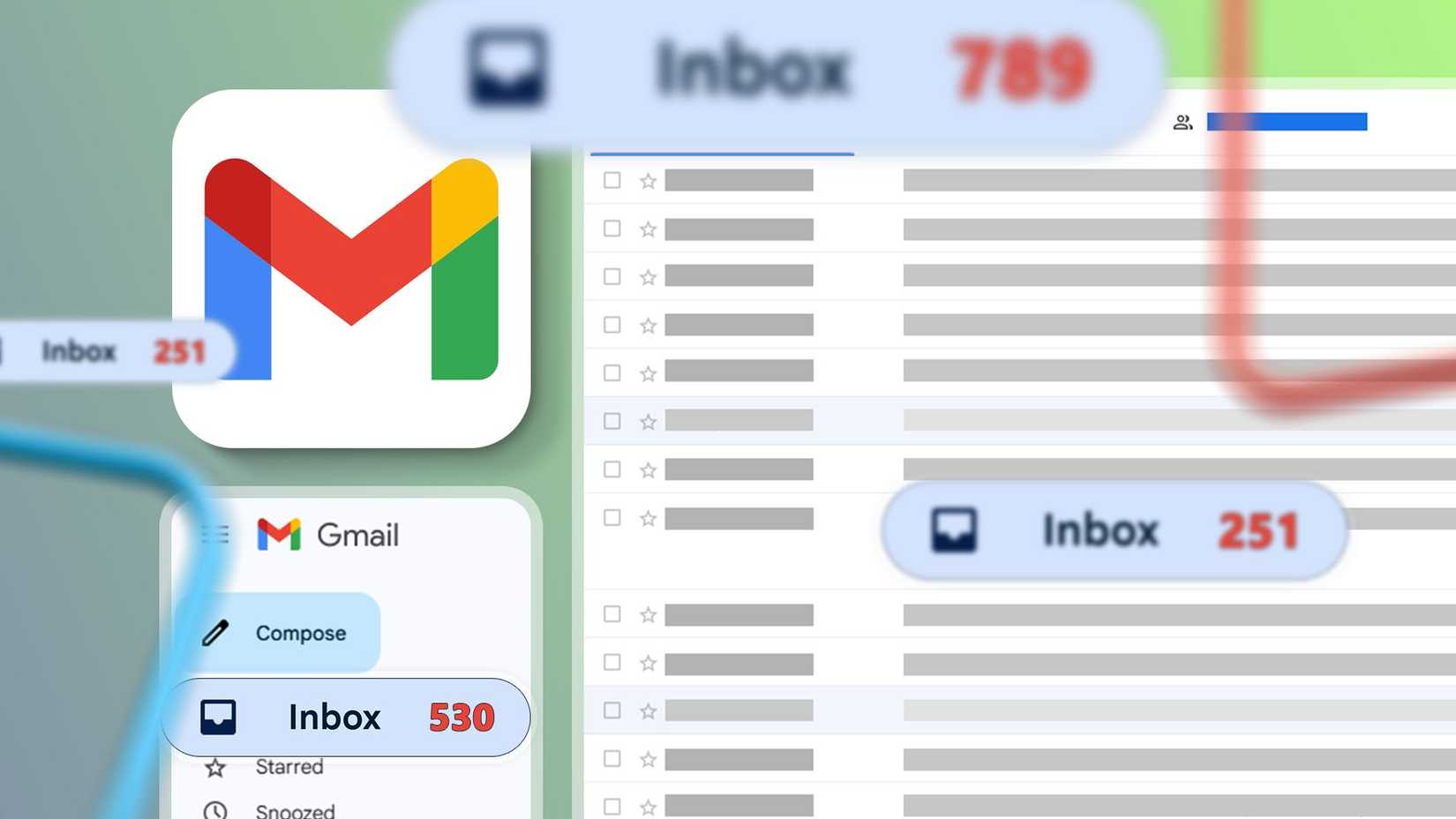 Illustration showing the Gmail logo and multiple inbox views with high unread email counts.