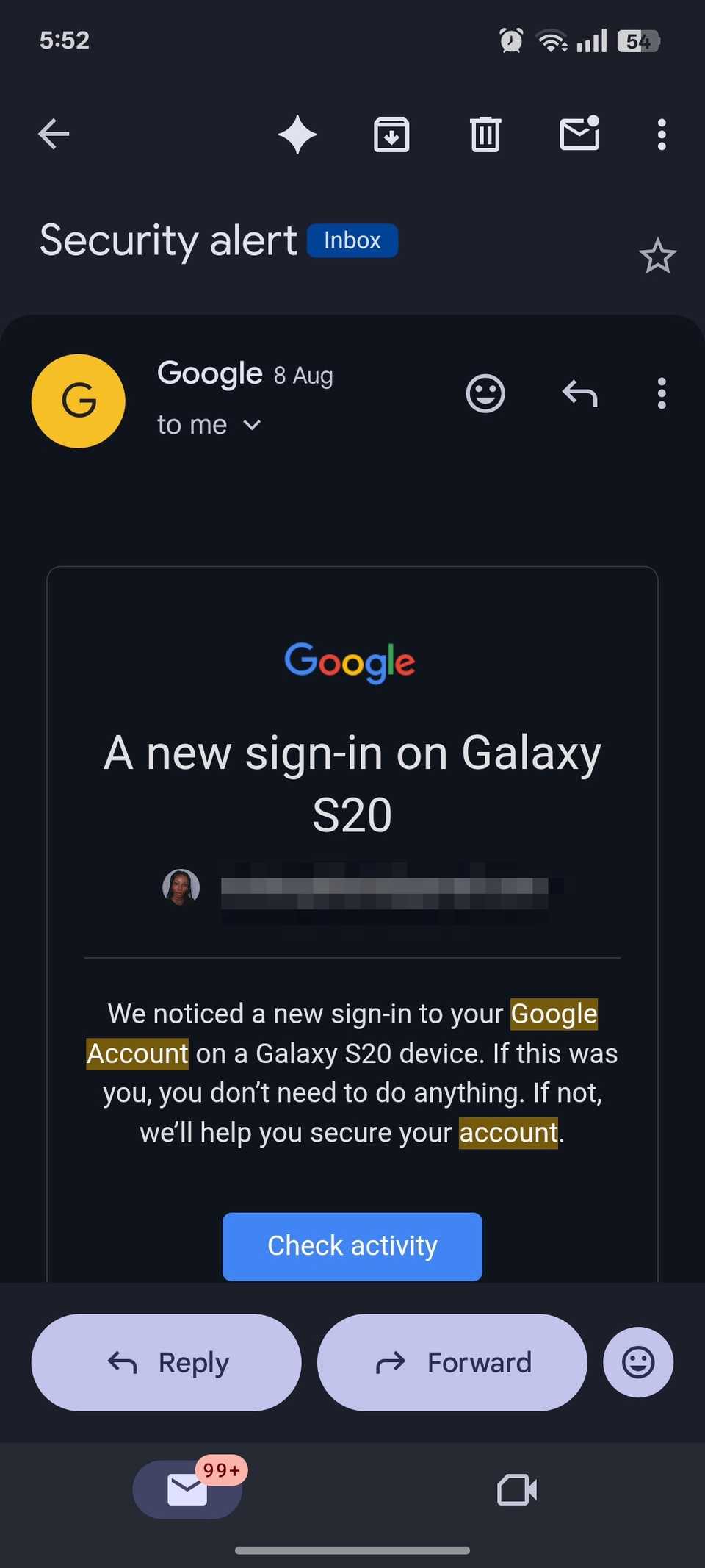 Gmail security alert notifying user of new account sign-in from Galaxy S20