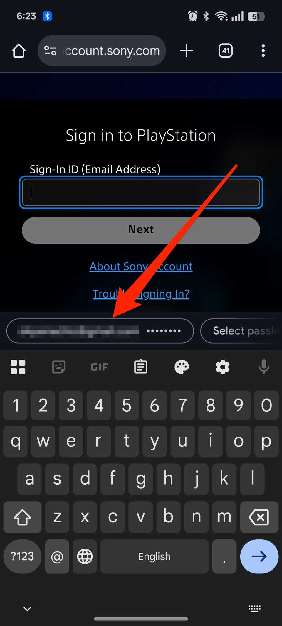 PlayStation连接网页带有Gboard打开并显示自动的建议