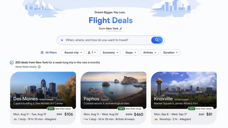 A GIF highlighting Google Flight's new AI-powered Flight Deals.