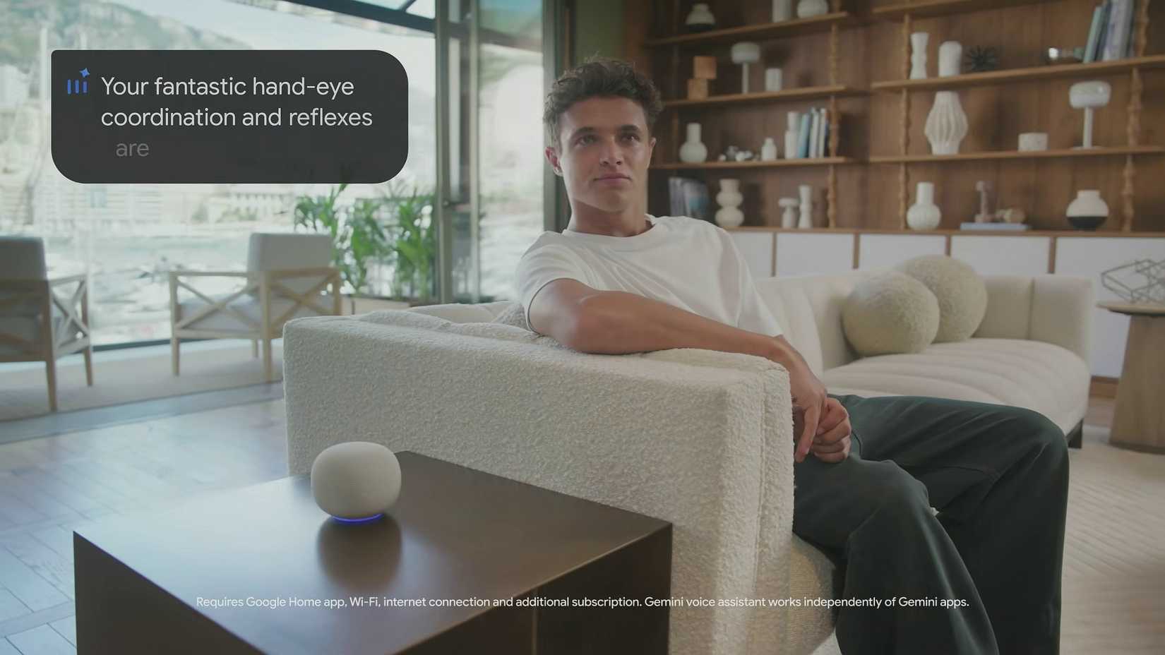 A screenshot from Made by Google '25 showing an unannounced, apparently new smart speaker on an end table.
