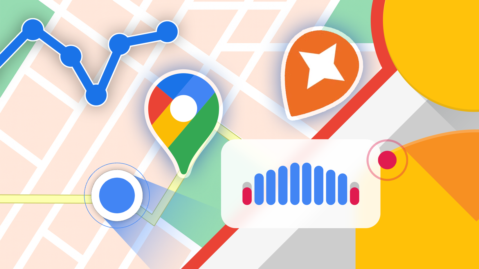 Colorful illustration highlighting Google Maps features, with location pins, routes, statistics, and points of interest over a stylized map.