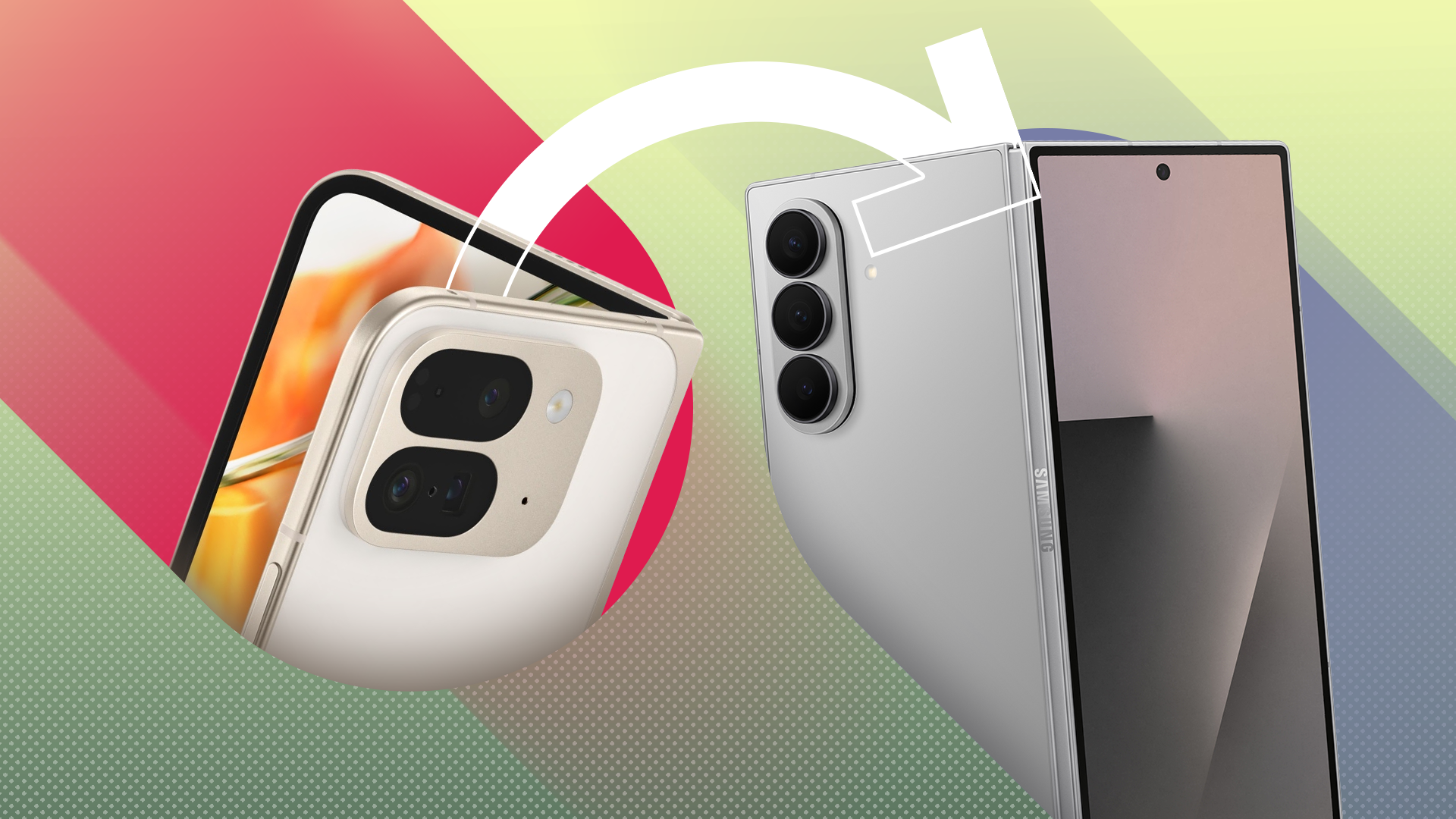 Google Pixel 9 Pro Fold with an arrow pointing toward the Samsung Galaxy Z Fold 7.