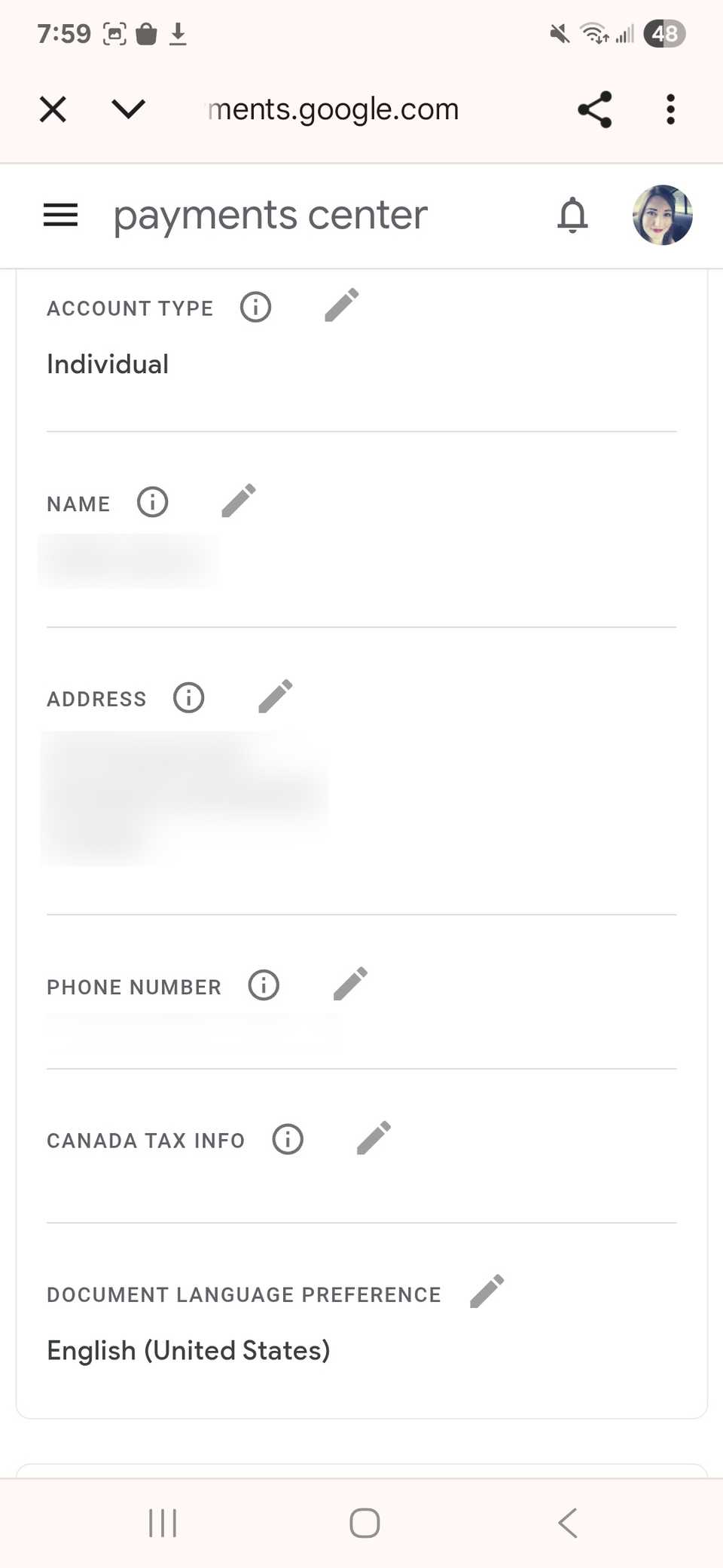 Modifica i dettagli dell'account Google Wallet con un elenco di opzioni e icone di modifica accanto ad esse