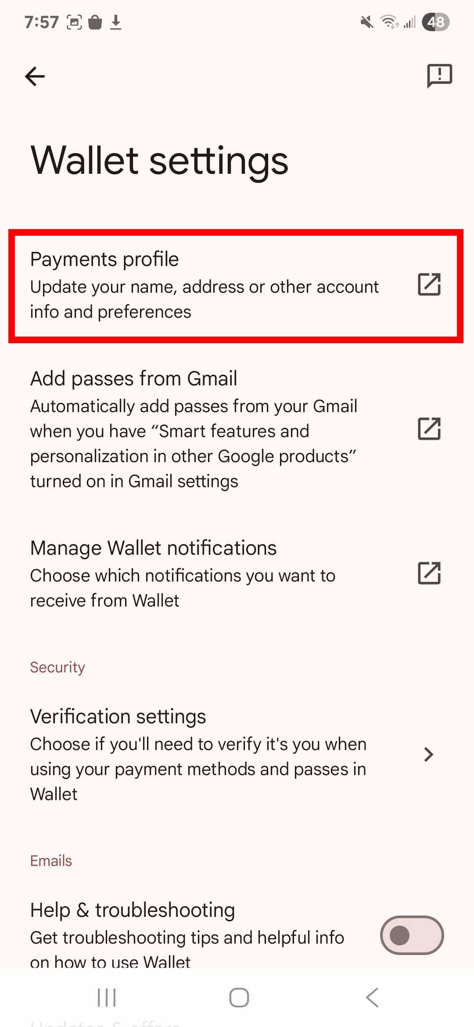 Contorno del rettangolo rosso che evidenzia il profilo pagamenti nelle impostazioni di Wallet