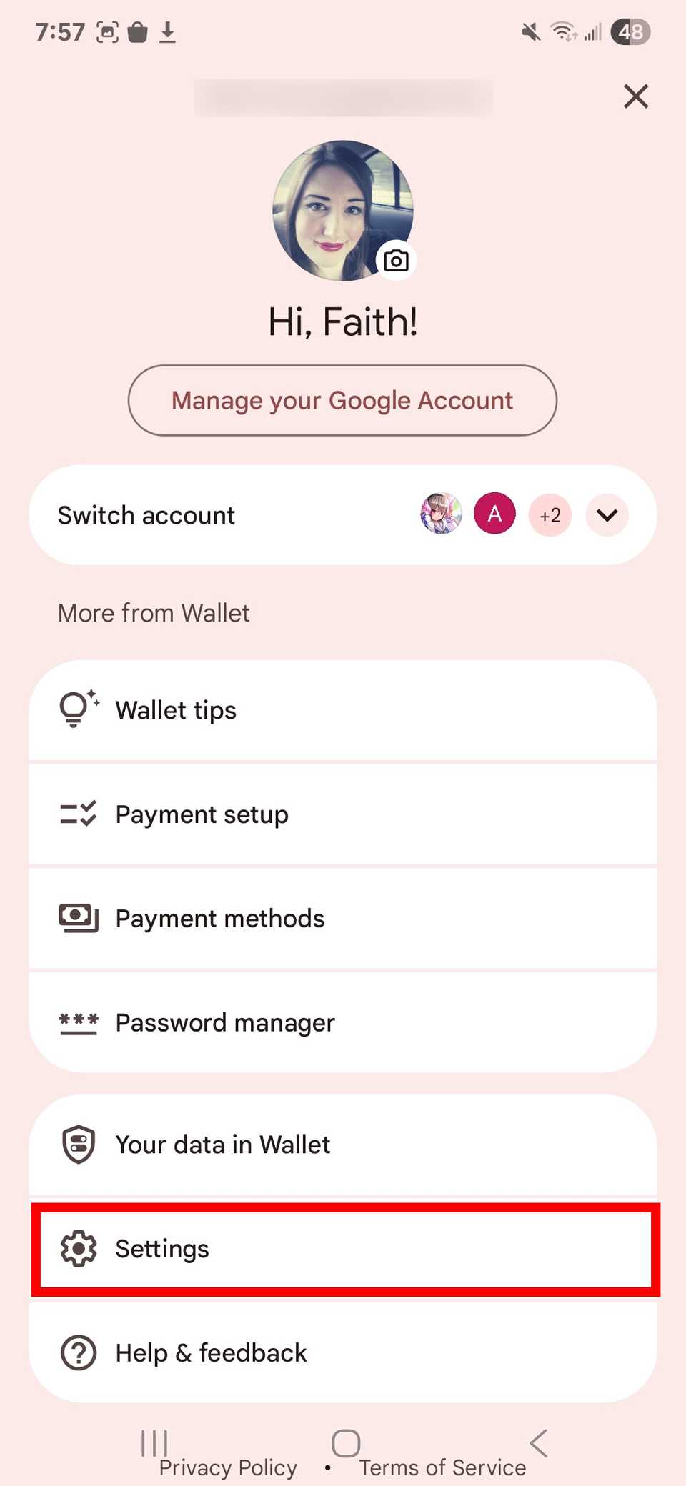 Contorno del rettangolo rosso che evidenzia le Impostazioni nel profilo Google Wallet