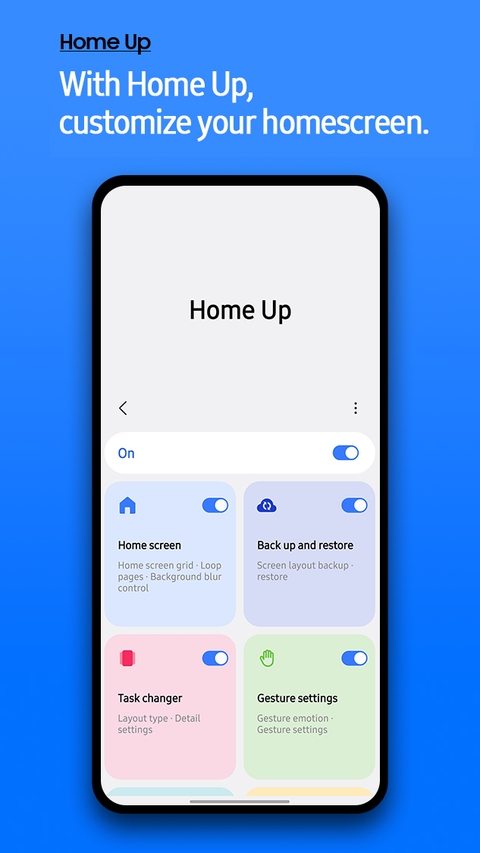 Home Up main screen with options for home screen, backup, task changer, and gestures