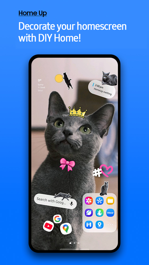 Customized home screen with cat wallpaper and stickers