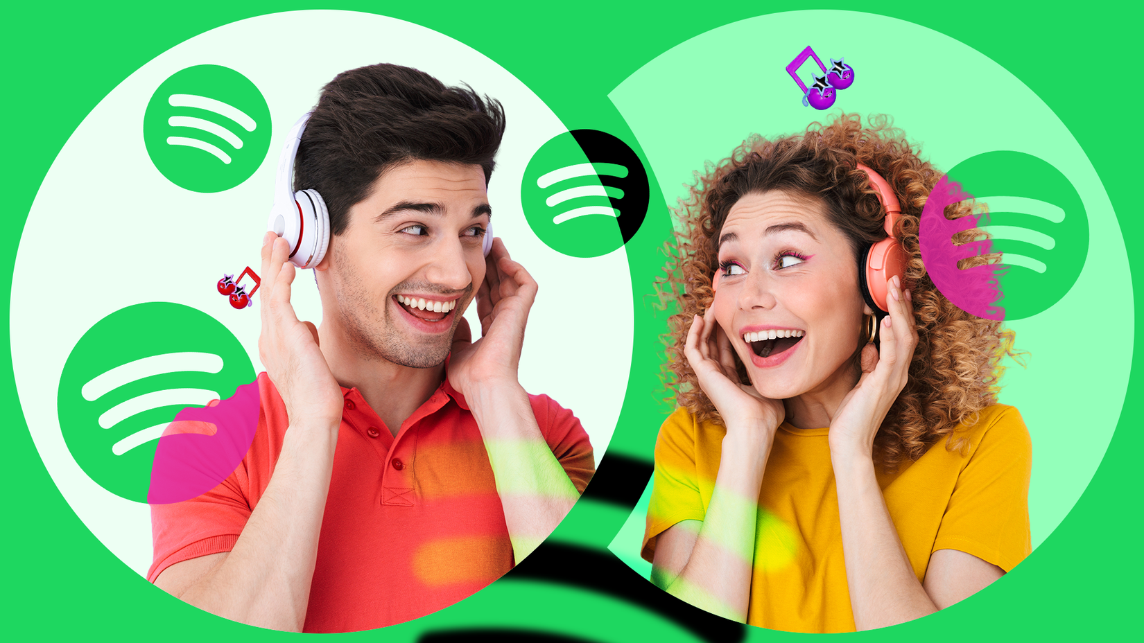 Illustration of a man and a woman wearing headphones, smiling at each other with Spotify logos around them